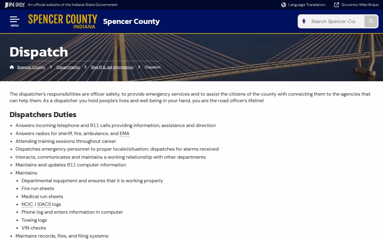 Spencer County Sheriff Dispatch page listing warrant records
