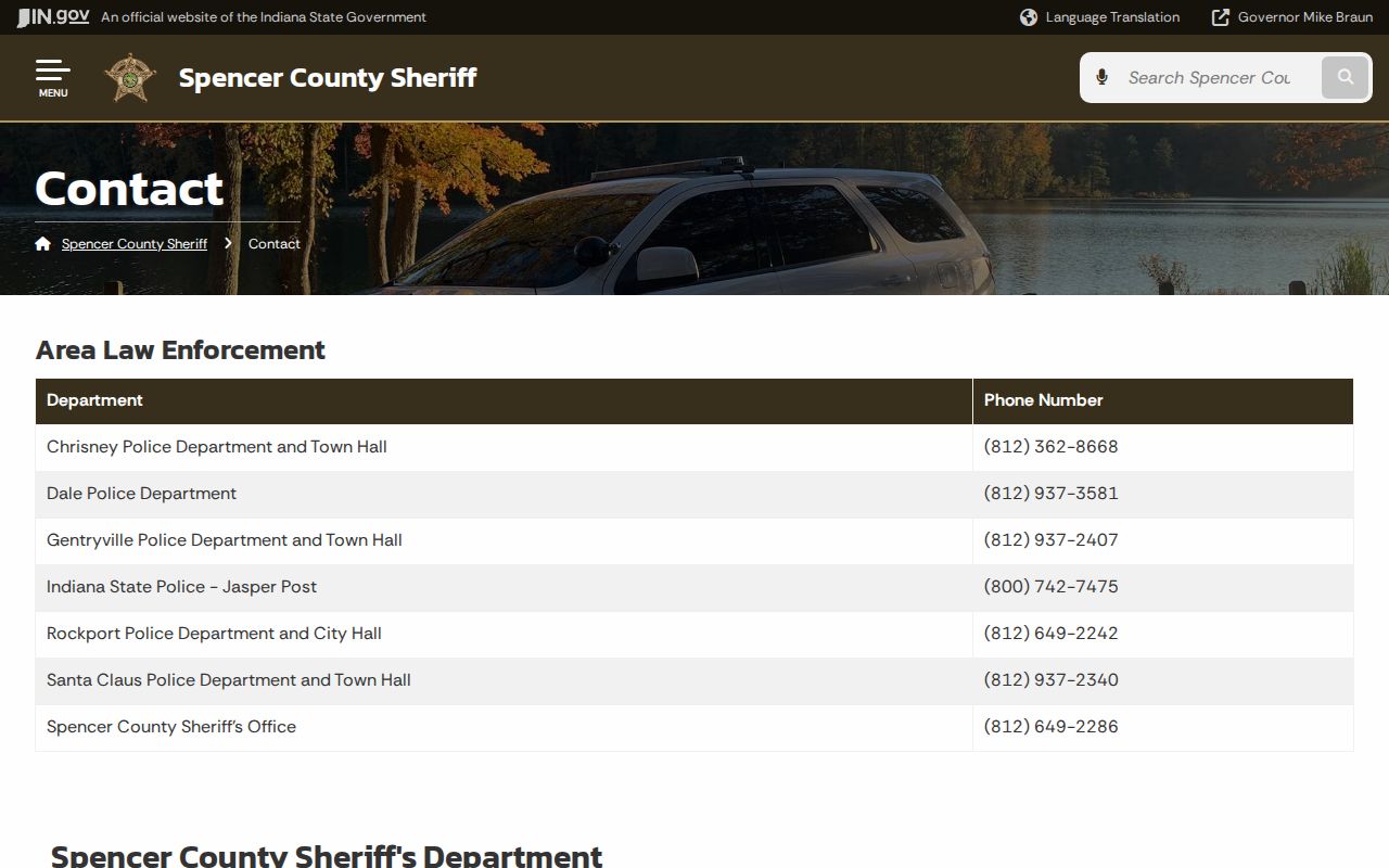 Official Spencer County Sheriff contact page for arrest warrant questions