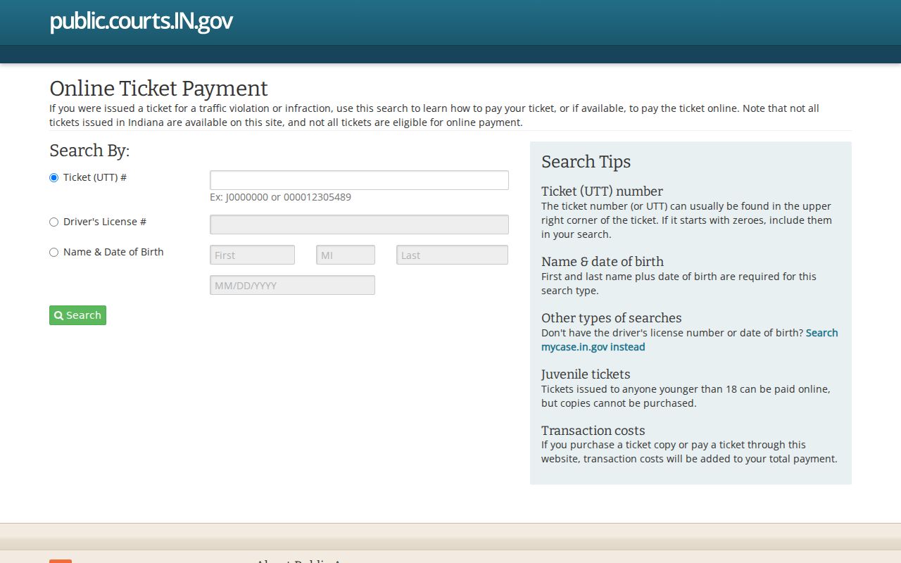 Official Indiana traffic ticket portal used for Spencer County traffic cases