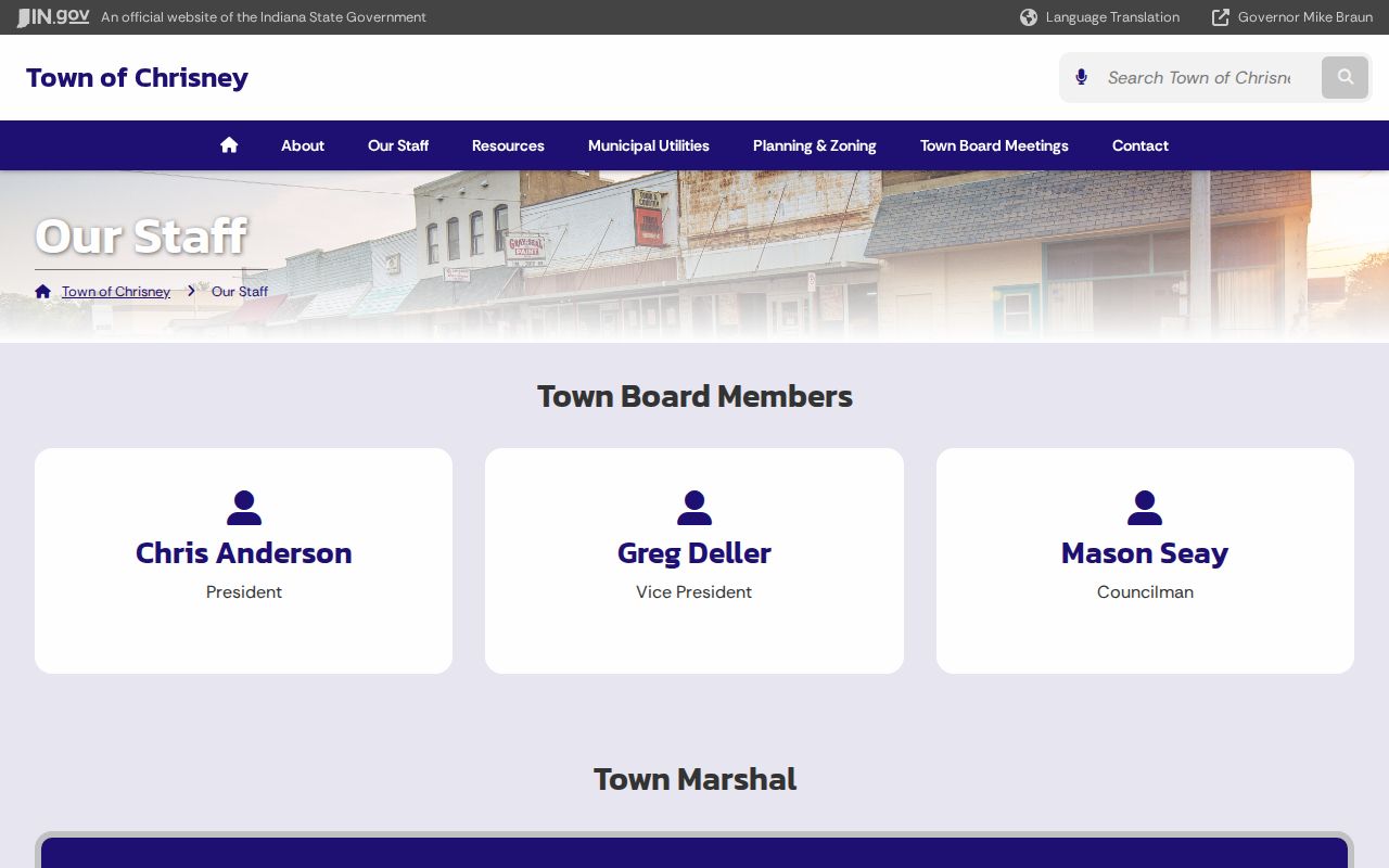 Official Chrisney town staff page showing public town and marshal roles