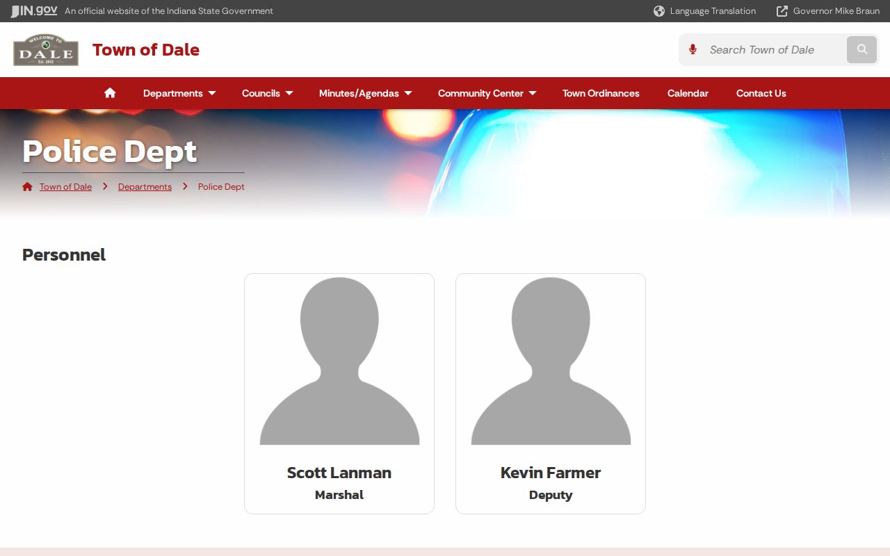 Dale warrant search routing on the official town police page