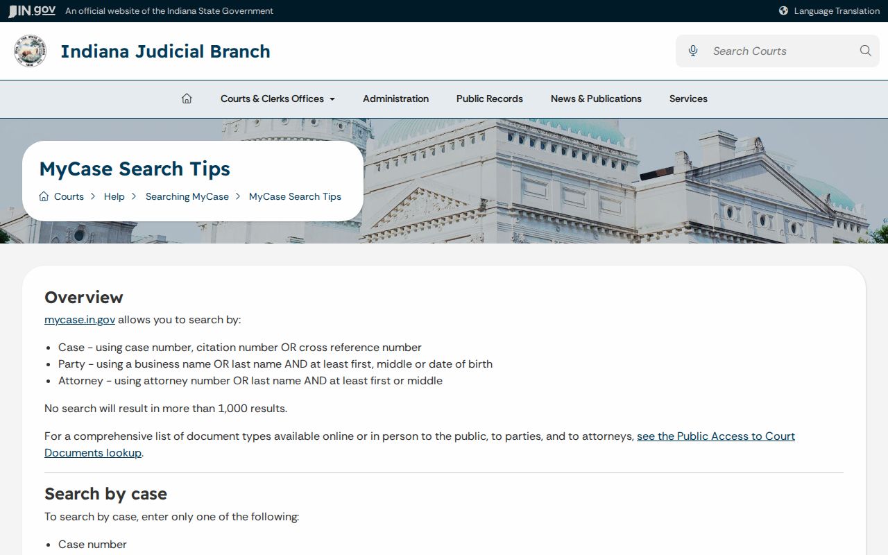 Official Indiana MyCase warrant search field guidance